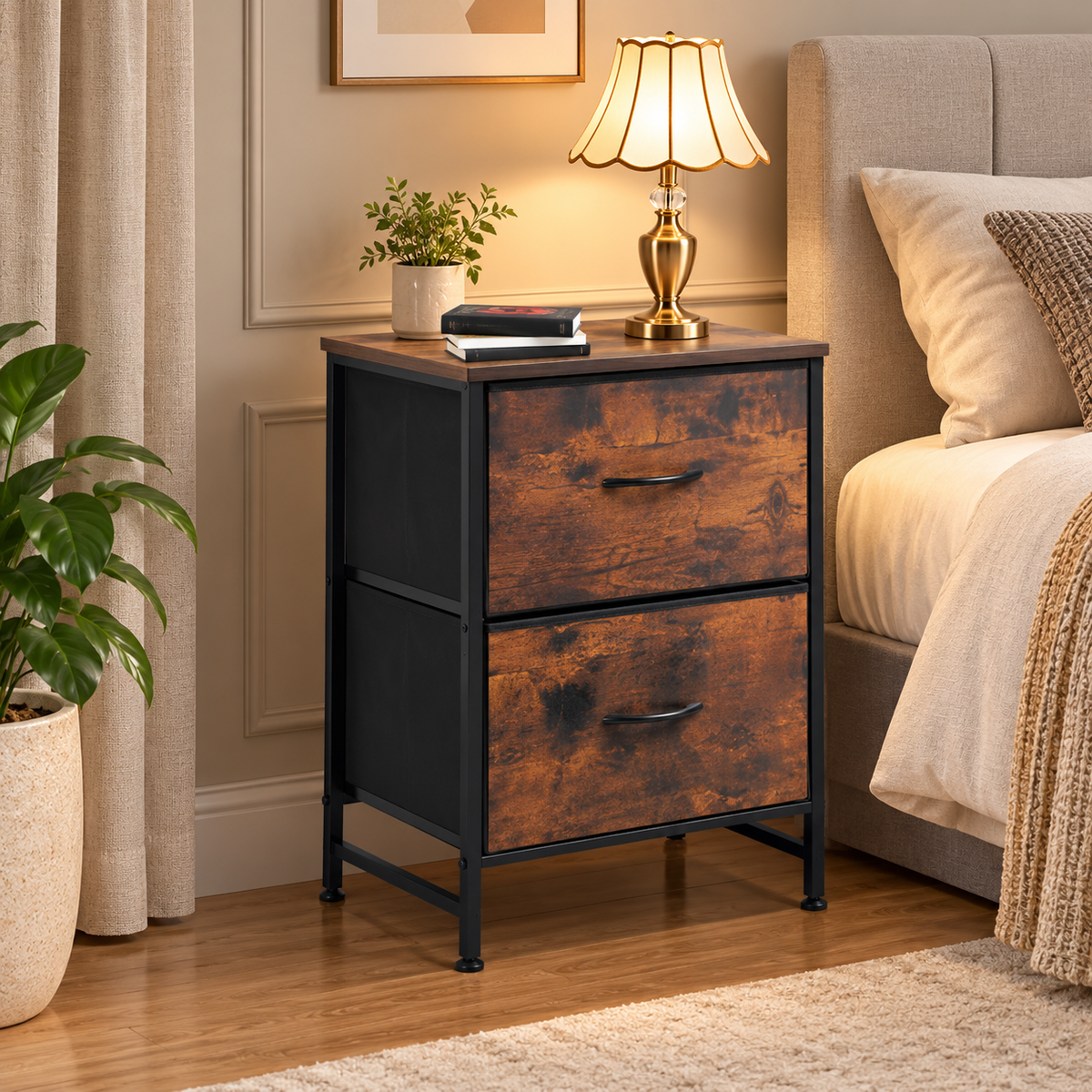 Two-Drawer Fabric Bedside Nightstand