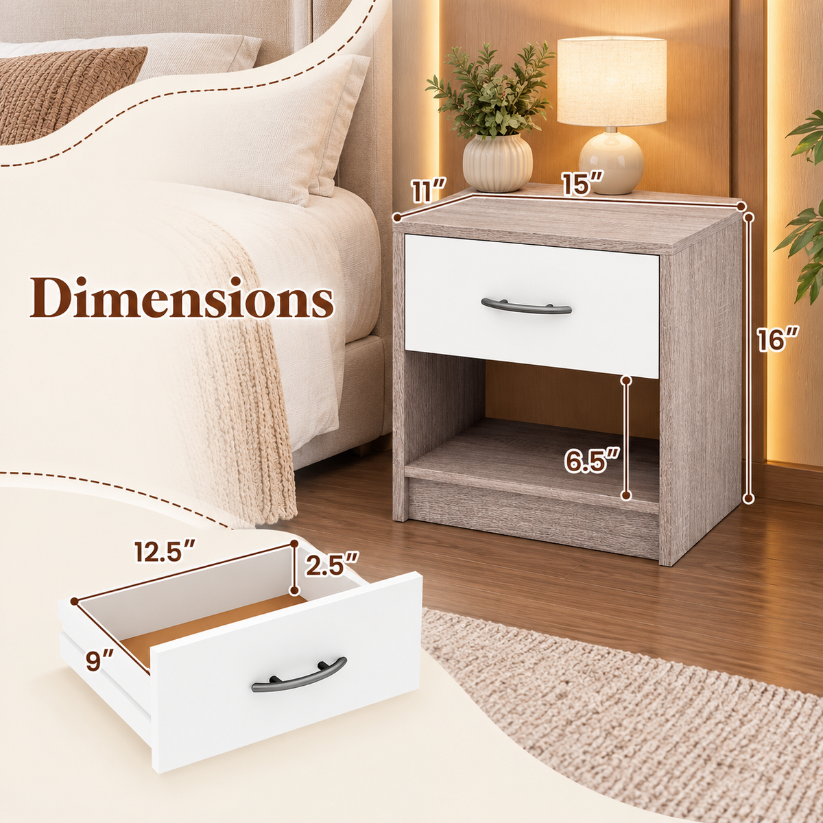Wooden Bedside Table with Drawer