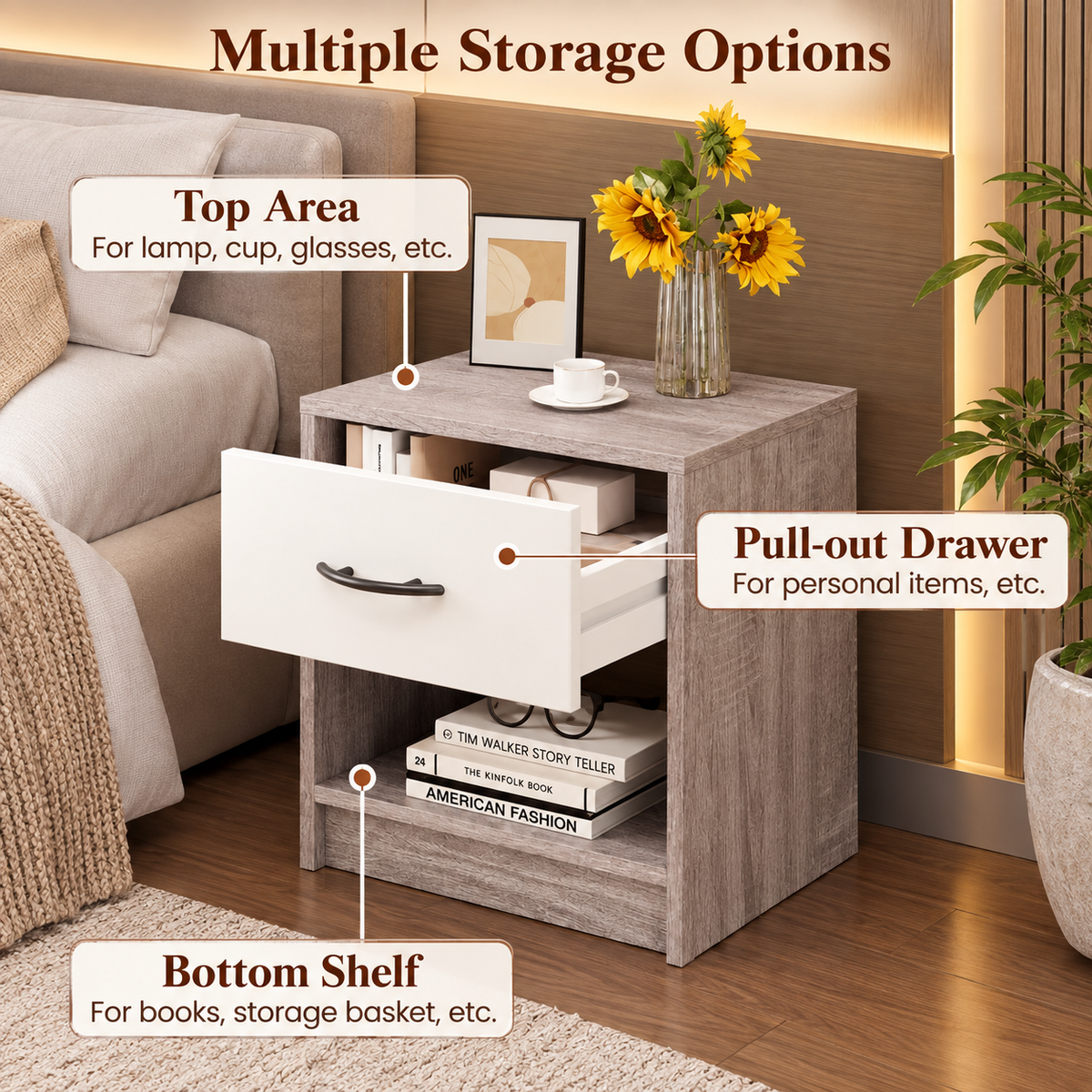 Wooden Bedside Table with Drawer